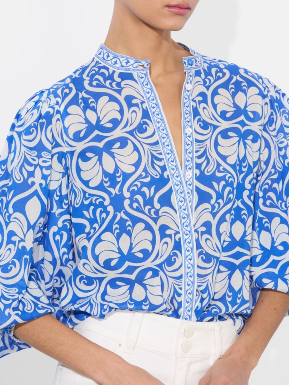 NWT Alice + Olivia April Cotton Puff Button Down Up Top Soirée True Blue White - Picture 4 of 11